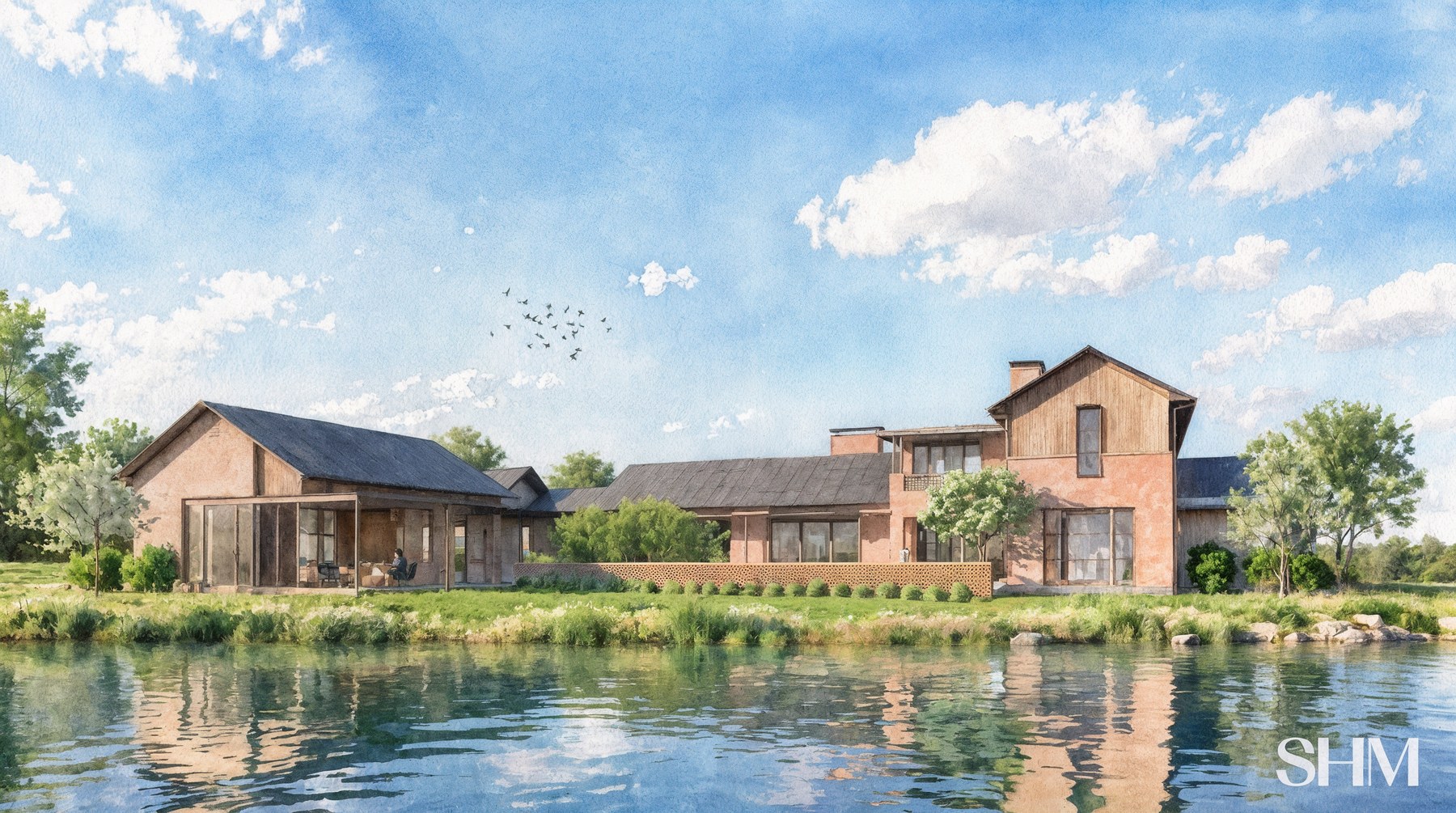 Watercolor rendering of the Jefferson Court home on the pond