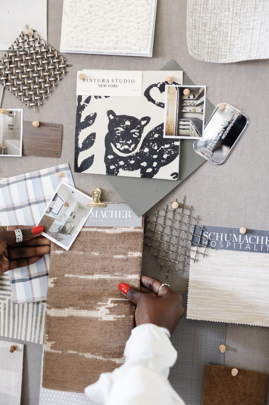 Interior design mood board with fabric, material, and finish samples